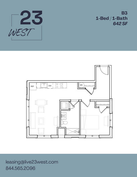Floor plan for 1 bed, 1 bath, 642 sqft